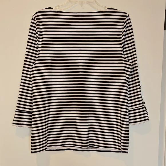 Talbots Coastal Black/White Striped Nautical 3/4 Length Button Detail Sleeve Top - Picture 7 of 7